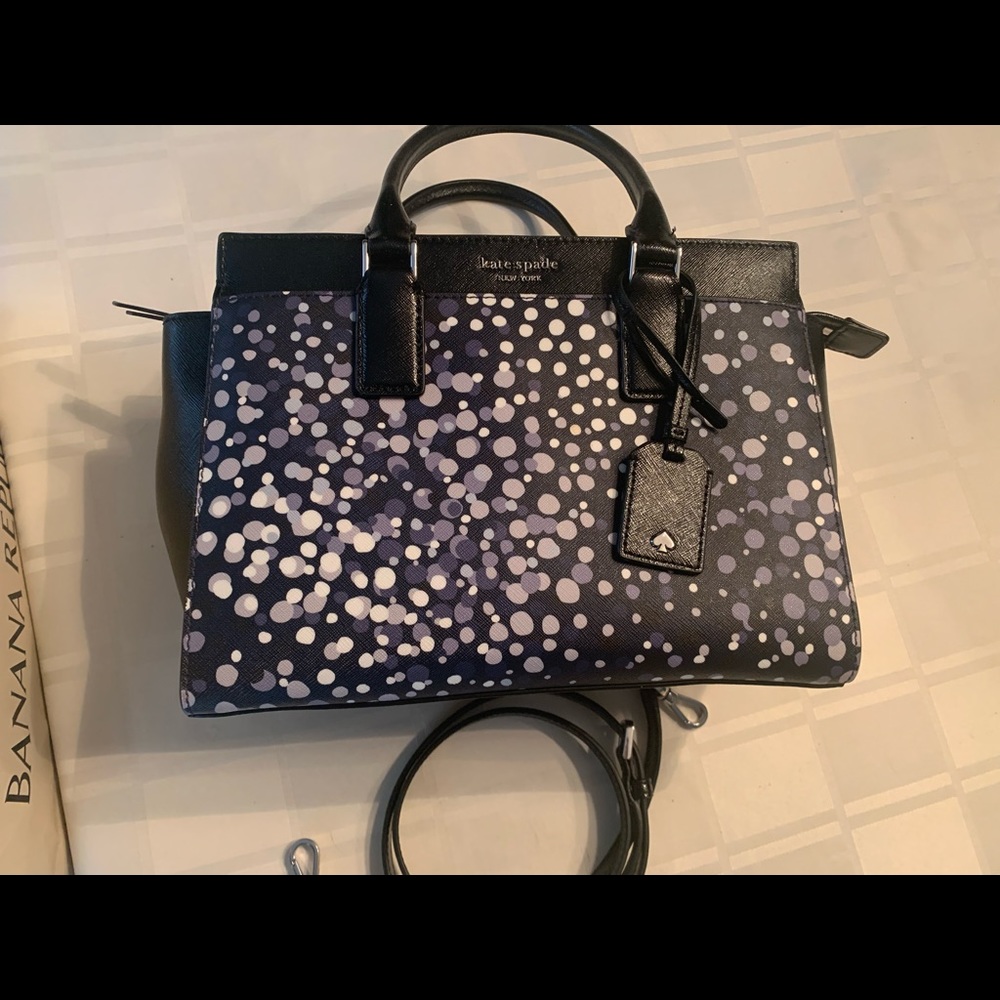 Kate spade medium sized satchel handbag. Black, gray, navy blue multi color